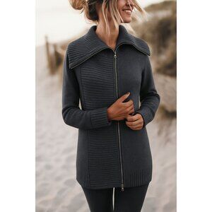GUESS Women's Grey Rib Knit Two-Way Zip Cardigan with Wide Collar Heavy Knit Med